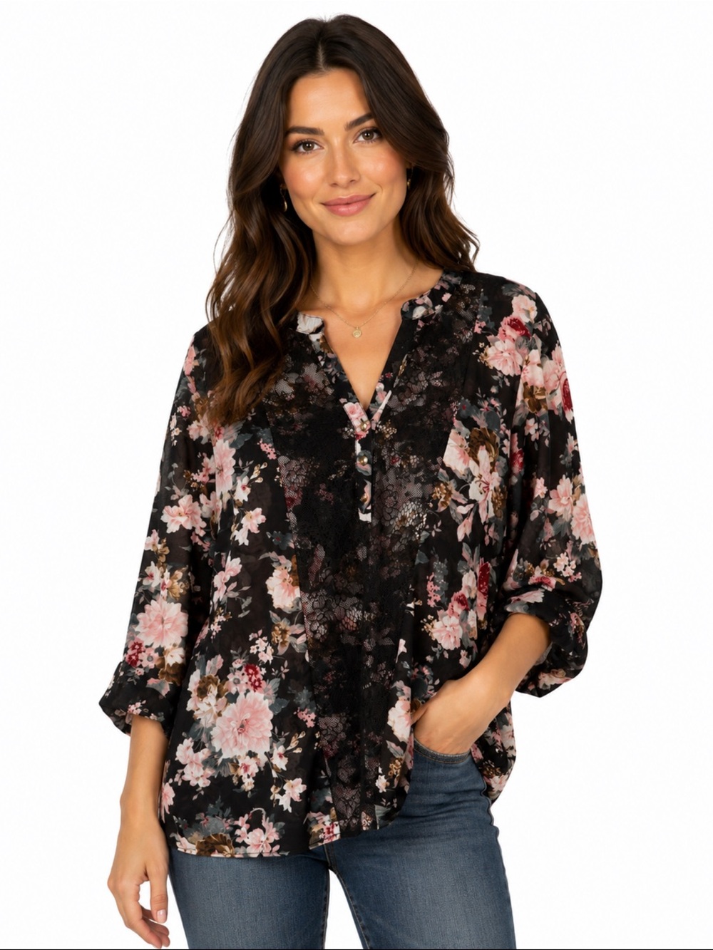 Siren Lily Black Floral Lace Trim Blouse